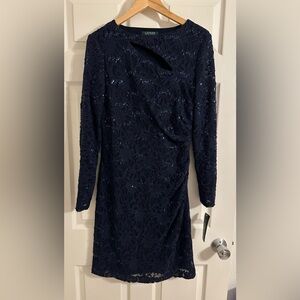 NWT Ralph Lauren Navy Sequin Lace Cocktail Dress Size 12